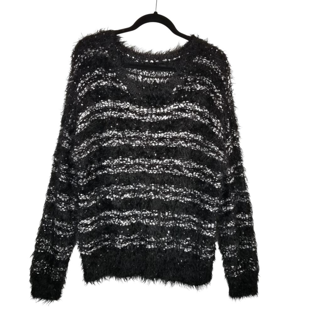 Apt. 9 Black White Eyelash Striped Soft Sweater Women's Size XL